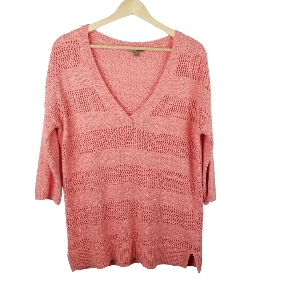 LILLA P Small Coral Open Knit V-neck Tunic Sweater Cotton blend Striped